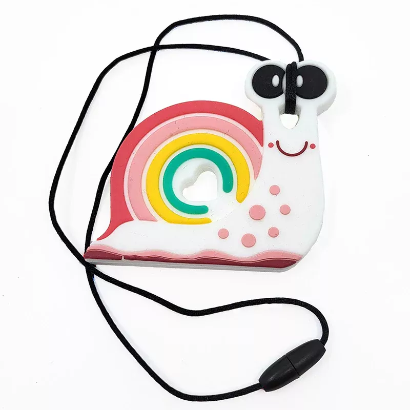 Stim chew necklace in a colourful snail design